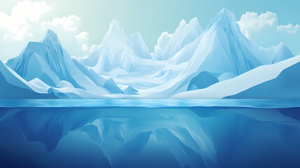 Alpine water tension: glacier blue depths and snow-light reflections for premium mineral water and mountain tourism. high resolution, pure clarity, refreshing mood. Snowlight. Illustration