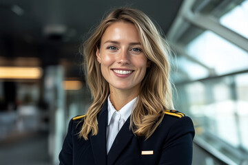 Naklejka premium Confident stewardess showcases professionalism in modern airport environment during daylight