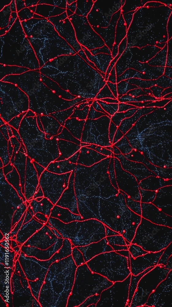 Poster complex red neural network is spreading on a dark background with blue shining particles, creating a
