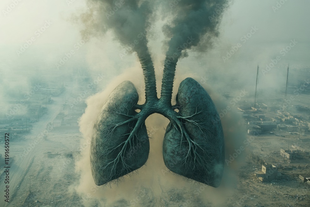 Aufkleber realistic depiction of lungs amidst smog and dust particles representing pollution effects on human 