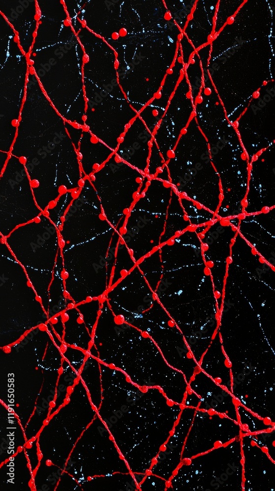 Poster red paint dynamically splatters across a black canvas, creating energetic lines and dots in a captiv