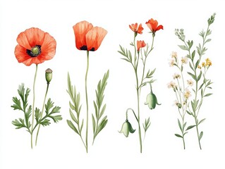 Fototapeta premium Watercolor Summer Collection of Wildflowers with Leaves, Twigs, Poppy, Branches, Bellflower, Clover - Botanical Set for Summer Themes
