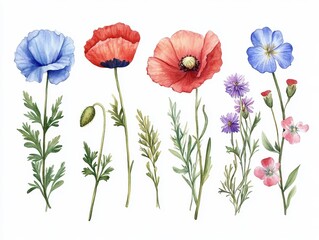 Watercolor Summer Collection of Wildflowers with Leaves, Twigs, Poppy, Branches, Bellflower, and Clover - Perfect for Botanical and Floral Designs