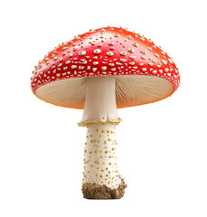 : Red-capped fly agaric mushroom with noticeable white spots isolated on transparent background.