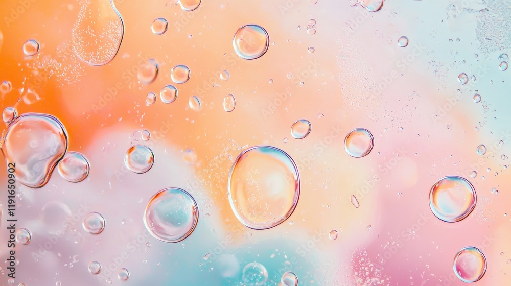 Poster abstract macro close up of colorful bubbles floating on a vibrant pastel background, creating a mesm