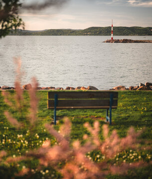 View on lake Balaton in spring with bench