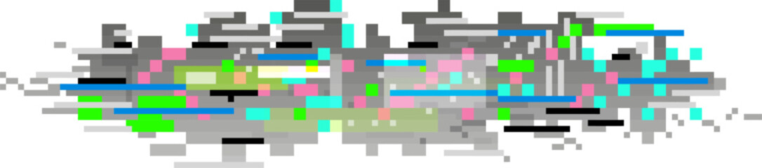 Colorful pixelated glitch art forming an abstract background with shades of grey, pink, blue, green, black and white, representing digital distortion, data corruption or cybersecurity issues