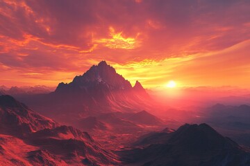 Majestic mountain peaks illuminated by the warm glow of sunrise over serene valleys and rugged terrain. Generative AI