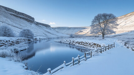 Winter landscape with snow-covered hills and a serene river in a rural area