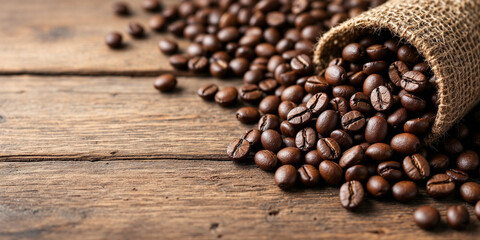 Concept photo of coffee beans on wooden background