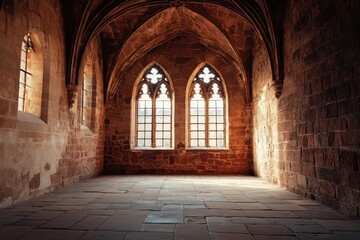 Fototapeta premium Historic stone room with gothic windows illuminated by sunlight