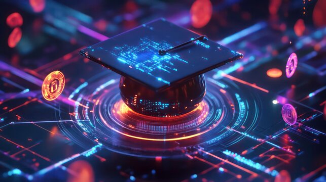 Futuristic graduation cap on digital interface with glowing circuits and coins.