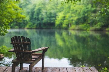 Fototapeta premium Tranquil lakefront view with a wooden chair surrounded by lush greenery