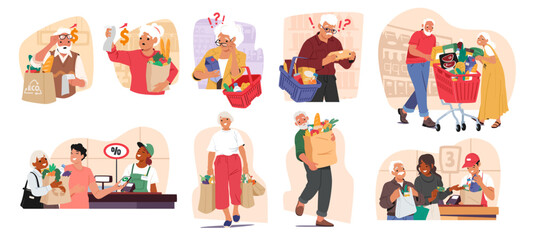 Senior man and elderly woman cartoon characters doing shopping in supermarket isolated set