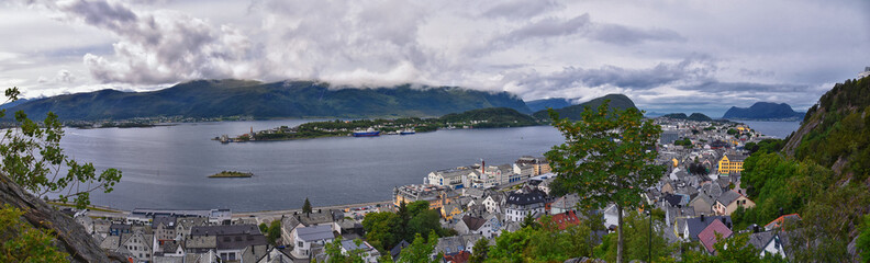 Alesund, Norway. Cityscape image of Alesund from hiking trail above the city, Norway Scandinavia Europe