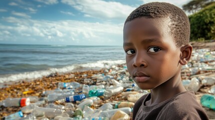 A young boy stands on a littered beach with plastic bottles scattered along the shoreline. This image highlights pollution, environmental degradation, and the impact of waste on communities.