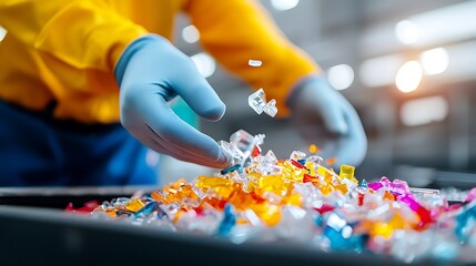 Close-up of gloved hands sorting colorful plastic flakes for recycling.