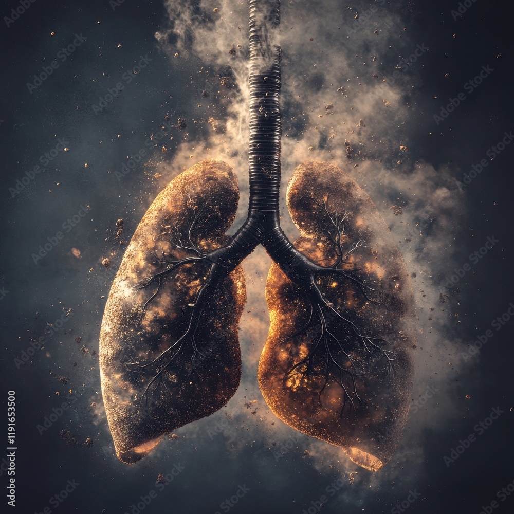 Poster realistic depiction of lungs engulfed in smog and dust particles highlighting pollution impact on he