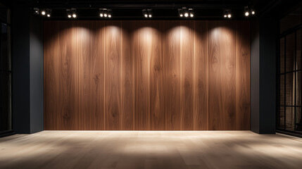 Rich walnut veneer sheets with detailed grain textures, mounted symmetrically on a modern showroom wall illuminated by warm spotlights.
