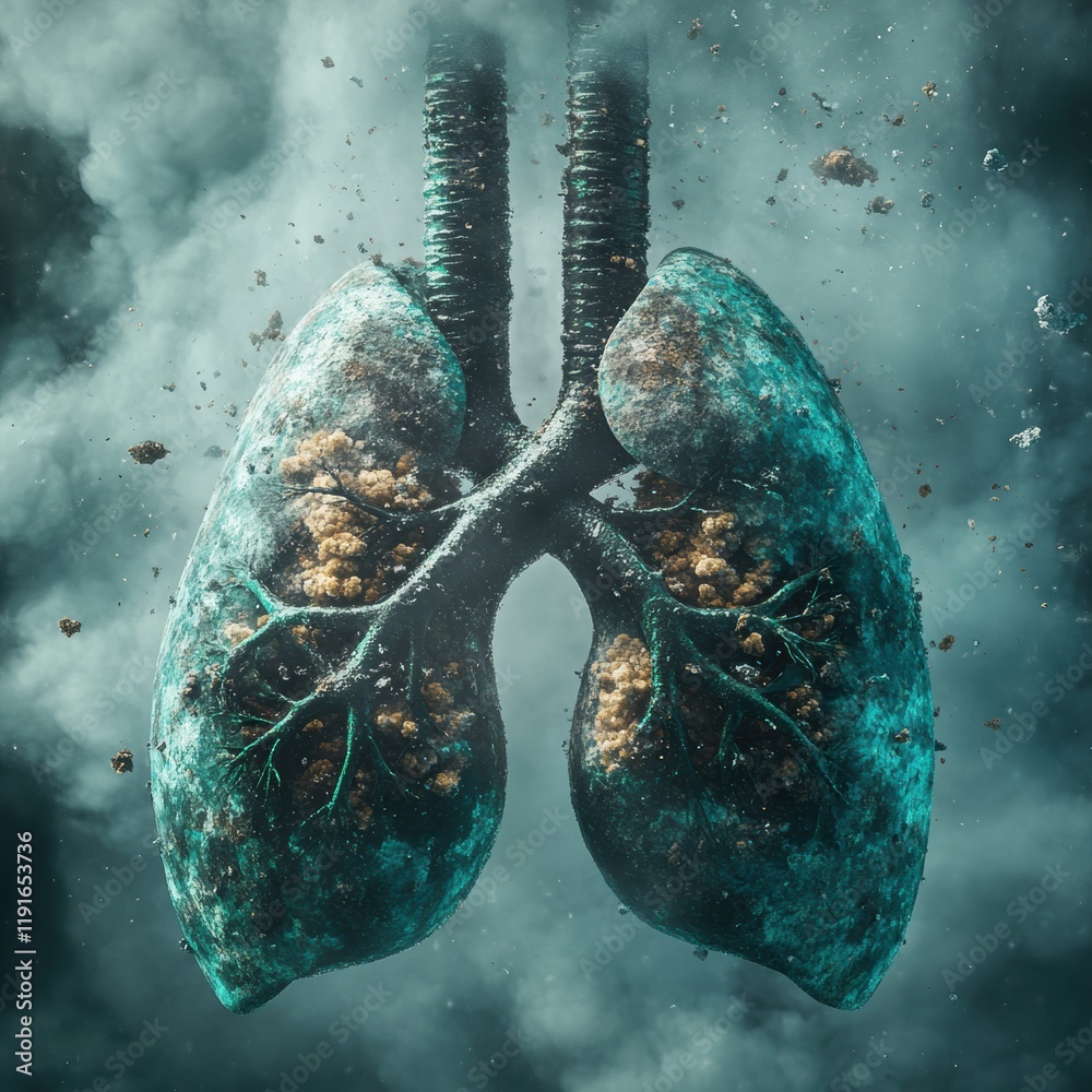 Poster realistic depiction of lungs struggling to breathe amidst pollution and dust particles in an urban e