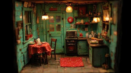 Naklejka premium Miniature Kitchen Scene Warm Lighting Red Tablecloth