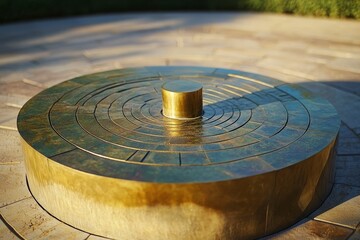 Circular metallic fountain, concentric rings, central column.