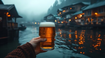 Hand holding beer, misty village, river, evening, travel