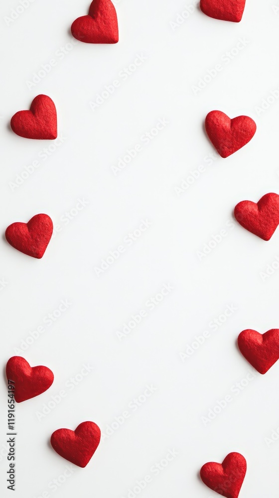 Poster small red hearts are forming a vertical line on a white background, creating a romantic atmosphere p