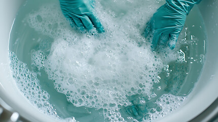 Fototapeta premium top down view of hands in bathtub filled with soapy water, creating bubbles. scene conveys sense of relaxation and cleanliness