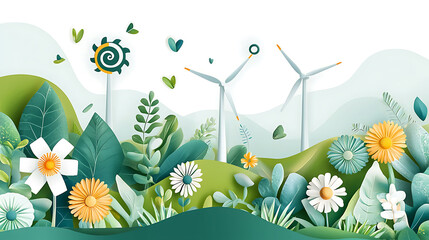 vibrant field of wildflowers and wind turbines showcases nature beauty. lush greenery and colorful blooms create serene landscape