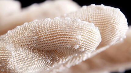 Close-up of a wet, textured, cream-colored glove.