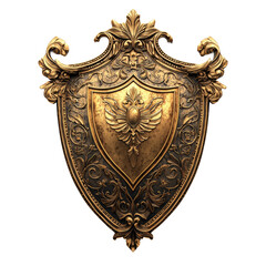 Ornate Golden Shield with Detailed Emblem Design Isolated on transparent background