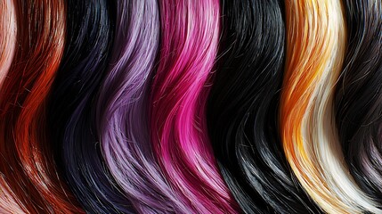 Colorful wavy hair extensions, salon backdrop, hair color chart