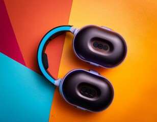 product photo of a pair of headphones in their charging case with colorful background pop art style