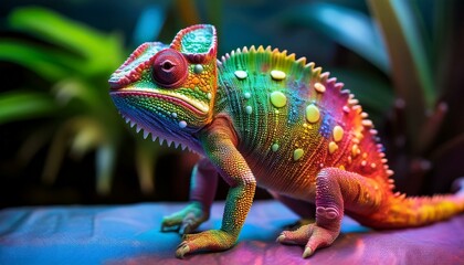 Obraz premium vibrant psychedelic chameleon statue in bright hues ultra realistic bioluminescent chameleon toy psychedelic toy creature in stock
