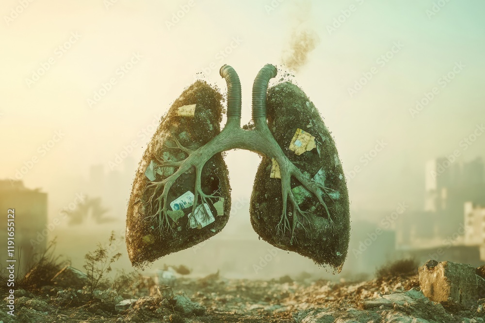 Poster realistic lungs emerge from polluted landscape full of dust and smog illustrating air quality concer