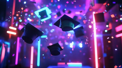 Neon lights illuminate graduation caps and confetti, celebrating achievement.