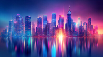 Hyperrealistic minimalistic shiny modern skyscrapers in a futuristic financial district with reflections, architectural blue background, bright light tone, graphic perspective, ideal for corporate bro