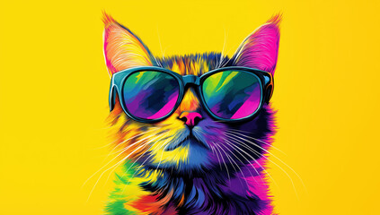 Vibrant pop art illustration of a colorful cat wearing reflective sunglasses on yellow background