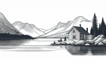 a picturesque scandinavian landscape with a lakeside house minimalist style fjords and mountains captured in a single unbroken line a white background showcases this minimal line art