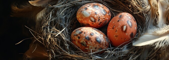 Obraz premium Painted Easter eggs in bird's nest with feathers
