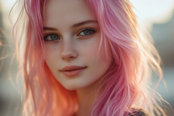 Fototapeta premium Young Pretty pink-haired girl at outdoors