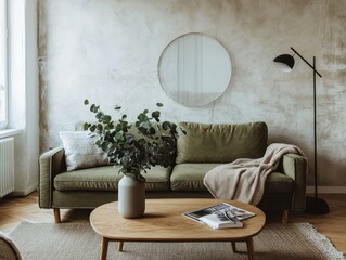 A living room with a green couch, a coffee table, a vase, and a mirror