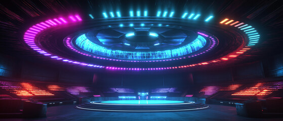 Futuristische Event-Location mit bunten Lichtern und modernem Design


