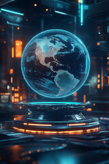 Schwebender Globus in futuristischem, technologischem Umfeld

