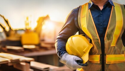 breiter banner zeigt einen gelben helm von einem arbeiter auf der baustelle mit sicherheitshandschuhen bauleiter und arbeitssicherheit bauleiter halt sicherheitshelm mit platz fur text