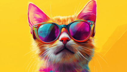 Naklejka premium Stylish pop art illustration of a colorful cat wearing sunglasses on bright yellow background
