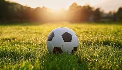 Fototapeta premium wet soccer ball on lush green grass with sunlight and water droplets