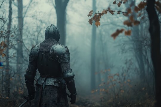 Knight in armor walking through a foggy forest with autumn leaves on the ground