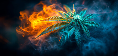 Colorful cannabis in smoke. A cannabis plant stands out, surrounded by swirling orange and blue smoke, creating a striking visual contrast.